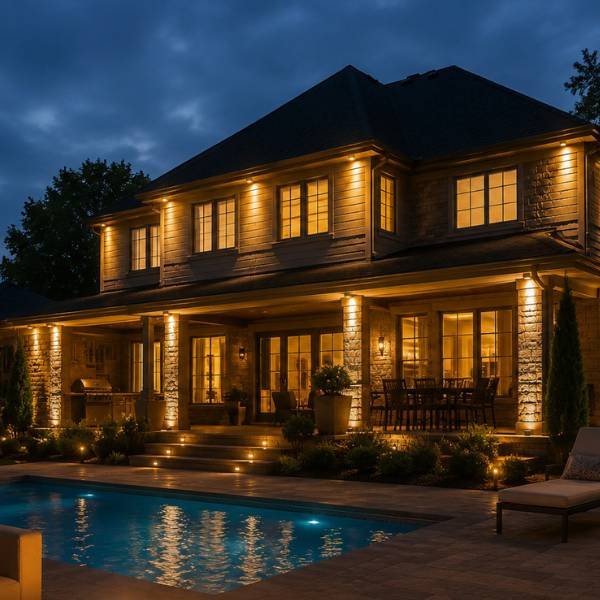 Luxury home with warm exterior lighting around the pool and patio